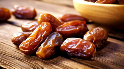 Fototapeta premium Dehydrated dates resting on a rustic wooden surface Generative AI