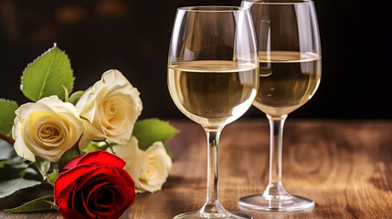 A pair of wine glasses filled with white wine and adorned with red roses. Generative AI
