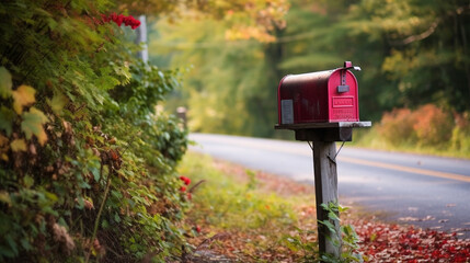A vibrant scarlet mailbox by the roadside. Generative AI