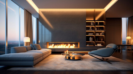 Extinguish the fireplace in the interior design of a luxurious home. Generative AI