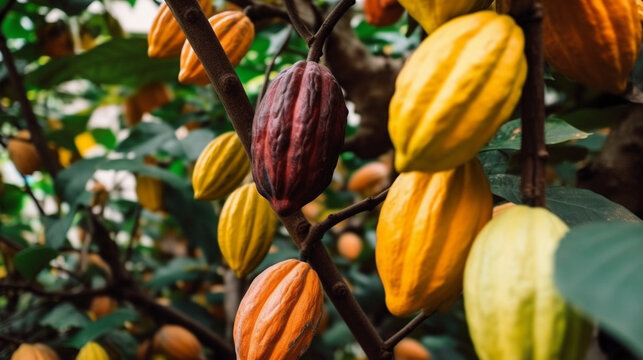 Close-up of cocoa tree with ripe fruits Generative AI