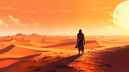 Fototapeta na wymiar The wanderer stands and gazes at the sandy desert Generative AI