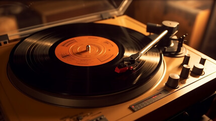 Retro turntable emitting audio. Generative AI