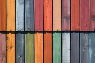 background of wood with colorful painted wooden planks on fence. generative ai