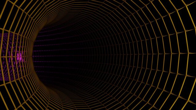 Endless Colorful Tunnel like a Spider Web with Sparkling Lights 3d render. Movement Through Time Vortex Vj Loop. Disco animation for nightclub or Dj set