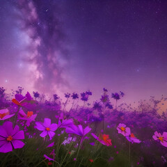 Obraz na płótnie Canvas Stary night cosmos on the field with flowers