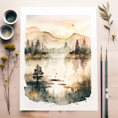 A peaceful watercolor landscape panting surrounded by mountains and trees - AI Generated