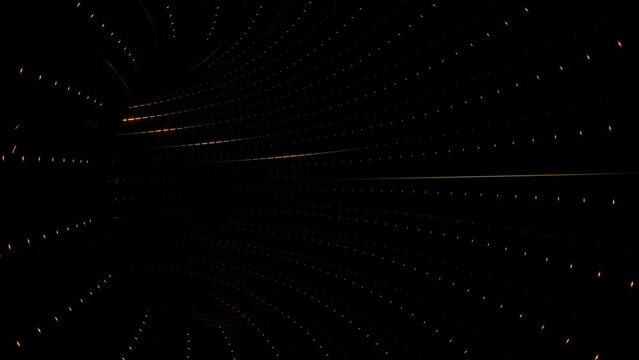 Endless Golden Tunnel like a Spider Web with Sparkling Lights 3d render. Movement Through Time Vortex Vj Loop. Disco animation for nightclub or Dj set
