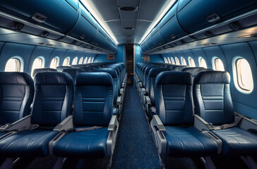 an empty plane with blue seats and reclining seats