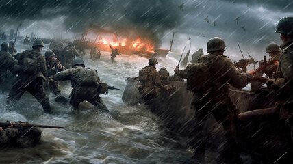 soldiers on the battlefield in world war ii, sea, D-Day - obrazy, fototapety, plakaty