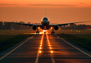 an airplane takes off from runway at dusk