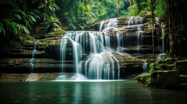 slow shutter speed photo of waterfall in the jungle, clear water