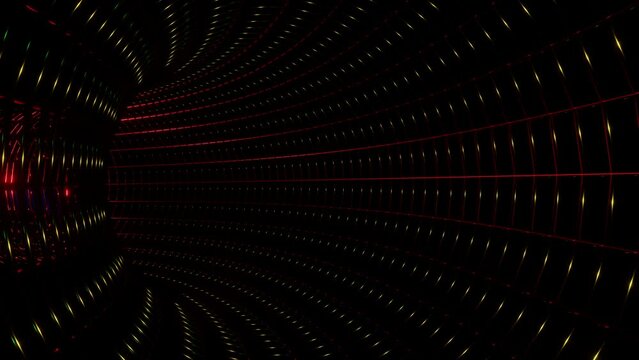 Endless Tunnel like a Spider Web with Sparkling Lights 3d render. Movement Through Time Vortex Vj Loop. Disco animation for nightclub or Dj set