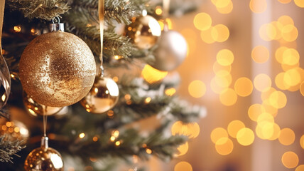 Christmas tree with golden baubles on bokeh lights background