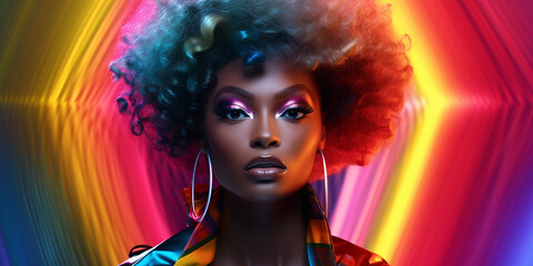Gesicht einer schönen afroamerikanischen Frau in Pop up bunten leuchtenden Farben als Nahaufnahme, ai generativ