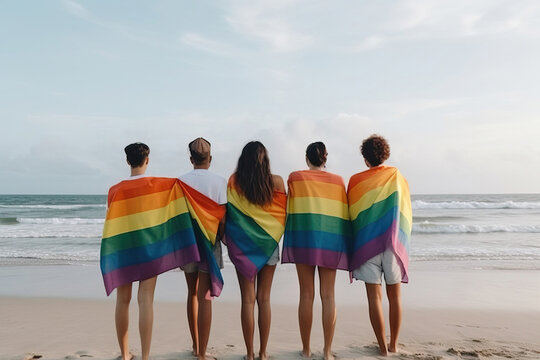 group of people on beach with lgbt flag. generative AI