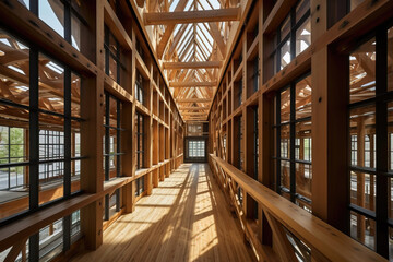 Fototapeta premium abstract wooden interior. Modern architecture, wooden structures., generative AI