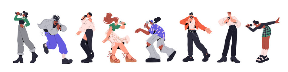 Happy people with microphones singing karaoke. Expressive vocalists hold mics and perform songs at vocal event or party. Live music performance of talented singers. Isolated flat vector illustrations