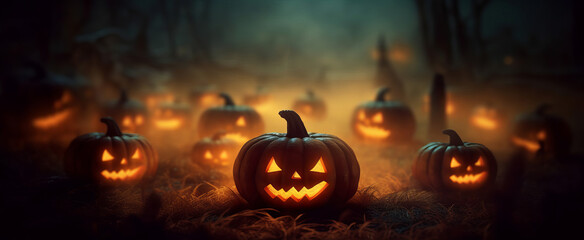 Fototapeta premium Creepy halloween carved pumpkin jack-o-lantern in a spooky landscape at night. Generative ai