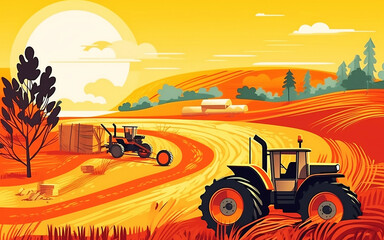 Agricultural workers with tractors. Harvesting on the farm a tractor driving on a field. Generative Ai.
