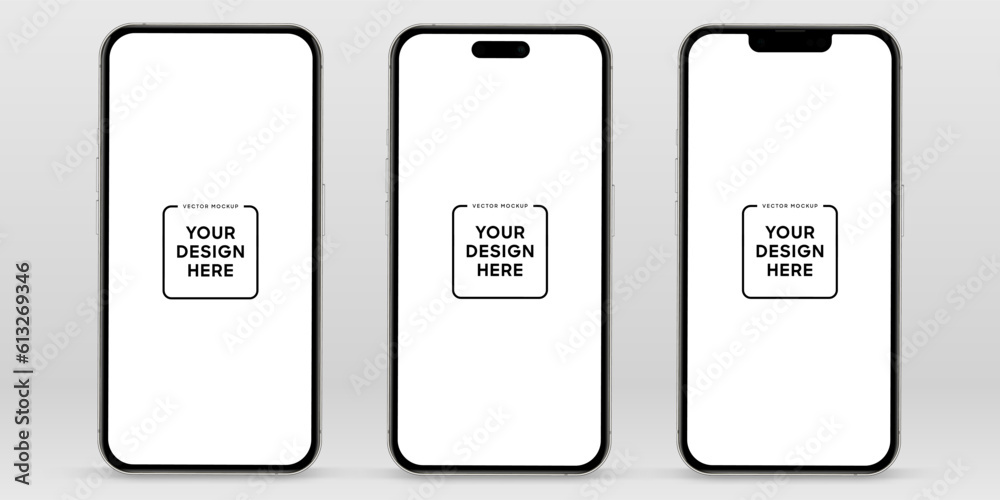 Poster 3D realistic high quality smartphone mockup with isolated background. Smart phone mockup collection. Device front view. 3D mobile phone with shadow on white background.