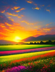 Picturesque landscape in vertical format of a beautiful sunset with a view of the horizon, flowers and mountains #2. Generative AI