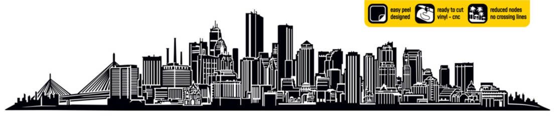 Detailed Boston USA skyline vector, ideal for vinyl cutting. Showcases major America landmarks in a single captivating design. Vinyl ready design. Wall sticker. Wall decal. Black and white silhouette. © readytocutvector