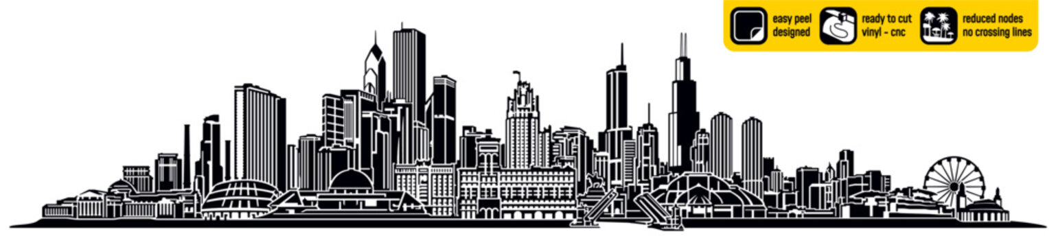 Detailed Chicago USA skyline vector, ideal for vinyl cutting. Showcases major American landmarks in a single captivating design. Vinyl ready design. Wall sticker. Wall decal. Black and white.