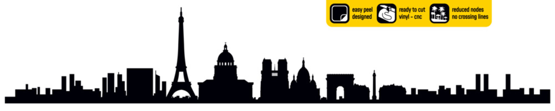 Detailed Paris skyline vector, perfect for vinyl cutting. Includes major Parisian landmarks in one impressive image. Vinly ready design. Wall decal. Silhouette black and white.