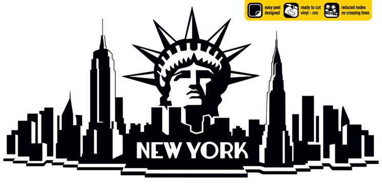 New York skyline vector design silhouette, creat for vinyl cutting. Features detailed lines and rounded corners for optimal cnc plasma. Includes all major NYC landmarks, Liberty Statue black an white.