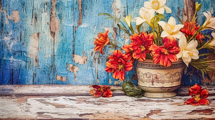 Flower arrangement on an old wooden background with shabby and cracked paint close-up with copy space. Greeting card base design. Floral banner, poster, background. AI generated.