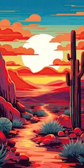 Aluminium Prints orange glow  art striking desert landscape with iconic saguaro cacti and red rock Desert Landscape Art Generative Ai Digital Illustration