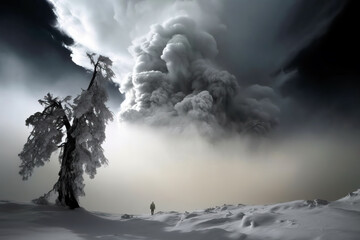 Huge and menacing storm cloud in a snowy landscape. Amazing nature of the world. Generative Ai
