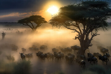 Herd of wildebeest in the masai mara national park at sunset. Amazing African Wildlife. Generative Ai