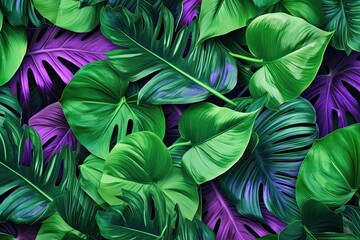 Organic Foliage Wonderland: Green and Purple Tropical Monstera Leaves on Textured Floral Background: Generative AI