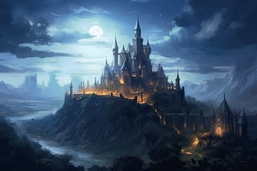 Moonlit Castle - A Mystical Night Landscape Painting for All to Enjoy: Generative AI
