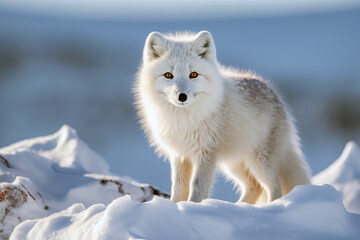 Naklejka premium Beautiful Wild arctic fox in snowy tundra. Amazing Wildlife. Generative Ai