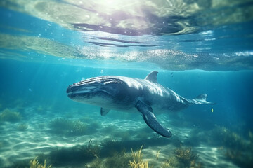 Fototapeta premium Humpback Whale Plays Near the Surface in Blue Water. AI Generative