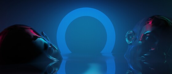 3d illustration rendering of technology futuristic cyberpunk display, gaming scifi stage pedestal background, gamer banner sign of neon glow stand podium for product © issaronow