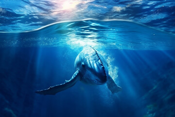 Humpback Whale Plays Near the Surface in Blue Water. AI Generative