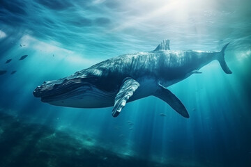 Fototapeta premium Humpback Whale Plays Near the Surface in Blue Water. AI Generative