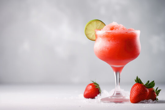 Strawberry frozen margarita with lime on gray background, copy space. Generative AI.