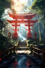 anime style shinto shrine in a jungle, glowing pond. generative AI - obrazy, fototapety, plakaty