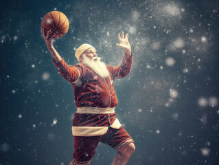 Creative Illustration of aged gentleman with a gray beard donning a Santa Claus suit, playing basketball against brightdark snowy background. Generative AI.