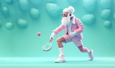 Aged gentleman with a gray beard donning a futuristic pink Santa Claus suit, gripping a tennis racket and playing tennis, against a pastel blue backdrop. Generative AI.