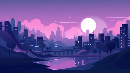 City night landscape. Urban spanking on the background of the city. Futuristic night city. City night landscape with bright and glowing neon purple and blue lights. Cyberpunk style illustration. © LoveSan