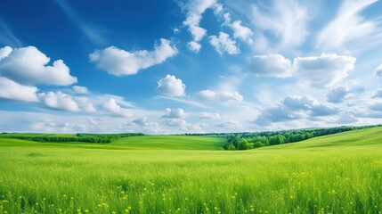 Fototapeta na wymiar Beautiful panoramic natural landscape, Green field and blue sky with clouds Landscape, generative ai