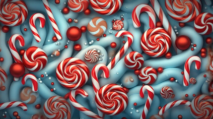 Candy cane illustrative background, AI Generated, Red candy cane Christmas sweets on festive background, Christmas Mood, Candies with bubbles