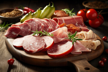 Meat cuts from different varieties of sausage and ham with vegetables and herbs, AI Generated