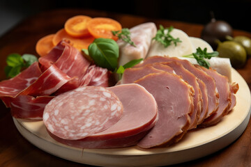 Meat cuts from different varieties of sausage and ham with vegetables and herbs, AI Generated